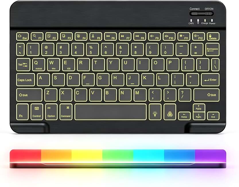 Backlit Bluetooth keyboard for Phone, Tablet, iPad Air, Pro, Mini, A16, M2, M3, Galaxy, ChromeBook, MackBook, Wireless Travel Keyboard for Computers - Rechargable, Lightweight, Slim, Easy to Carry