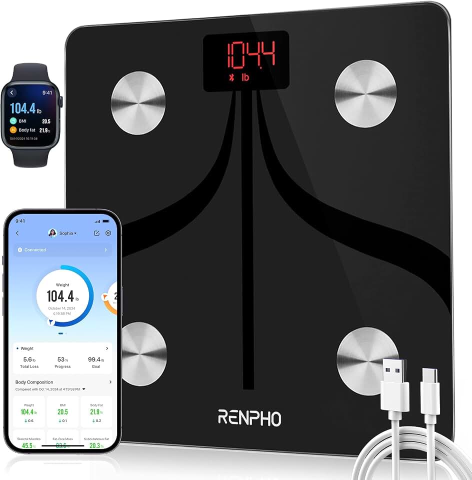 RENPHO Elis 1 Smart Scale, USB-C Rechargeable, 13 Body Metrics, 400lbs | Body Fat Scale with Muscle Mass Tracking, Bluetooth App, Multi-User Support, Weighing Scale for Weight with High Accuracy Global Recycled Standard