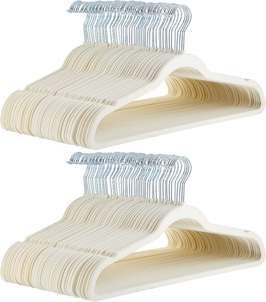 Amazon Basics Slim Velvet Non-Slip Space Saving Suit Clothes Hangers for Closet Organization, Ivory/Beige, 100-Pack Global Recycled Standard