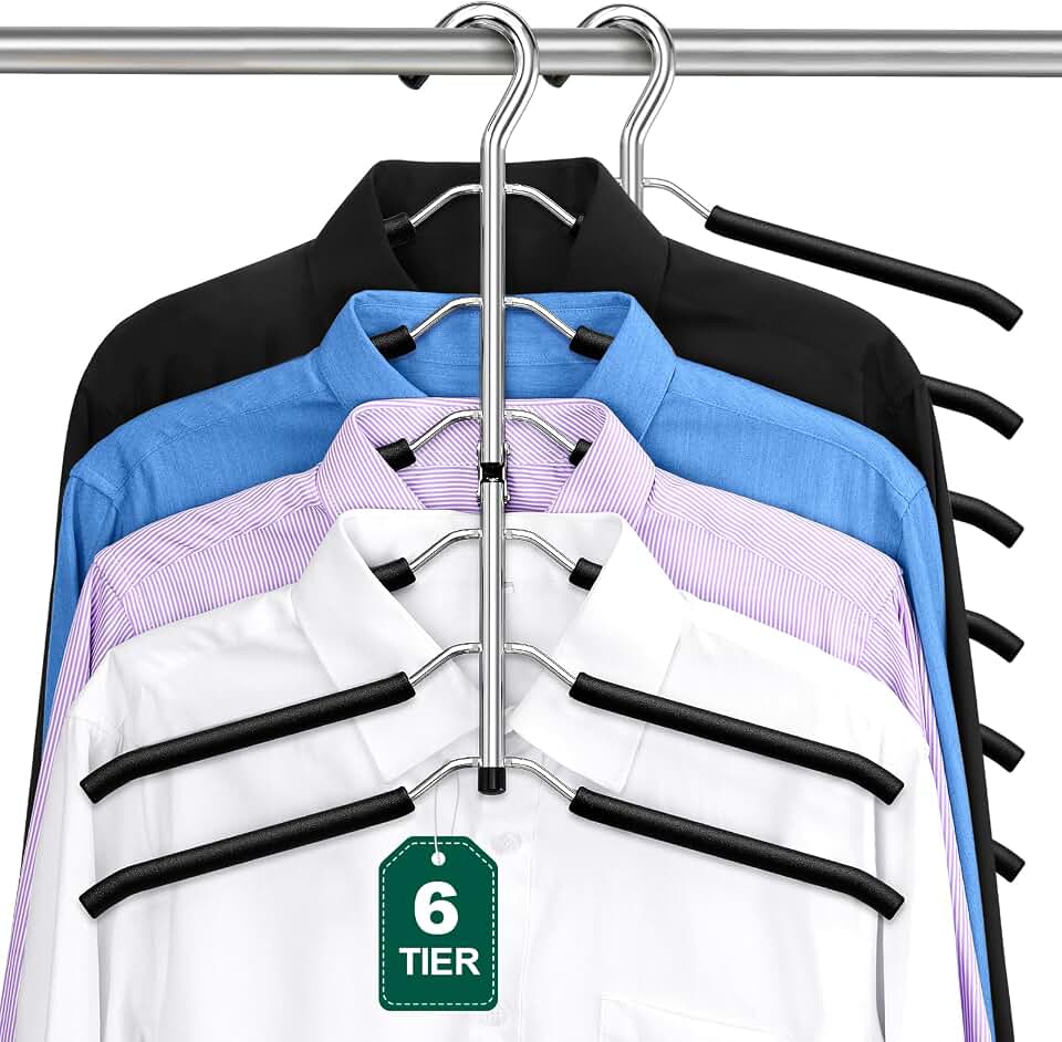 DOIOWN Space Saving 6 Tier Coat Hangers - Non Slip Foam Padded, Black Metal Sweater &amp; T Shirt Hangers for Men &amp; Women, 2 Pack Closet Organizers