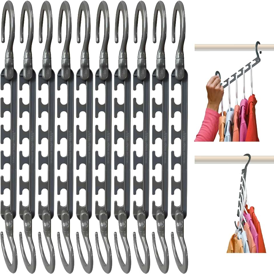 Wonder Hanger Max Space Saving Closet Hangers, 10-Pack, 360° Swivel, Grey | Cascading closet hangers organize shirts, pants and accessories vertically to save space; foldable 360° swivel design