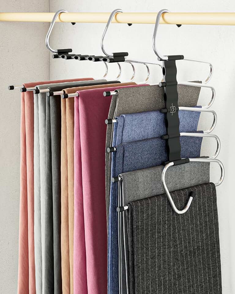 MORALVE Pants Hangers Space Saving - 2 Pack - Non-Slip Multi-Layer Space Saving Hangers - Multifunctional Clothing Rack for Closet Storage - Ideal for Jeans, Trousers, Skirts, Scarves &amp; Slacks (Black)