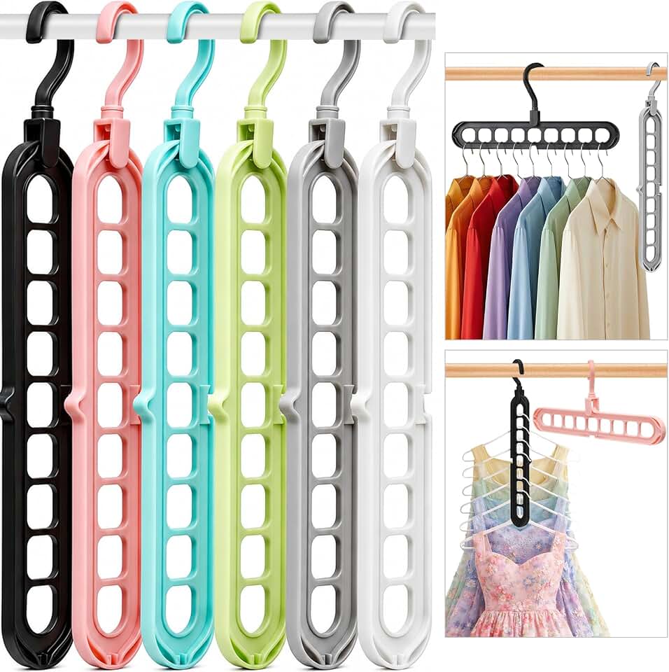 Closet Organizers and Storage,College Dorm Room Essentials Magic Hangers | 6 Pack Multifunctional Multi-Color Organizer Smart Space Saving Hangers with 9 Holes Storage Organization for Wardrobe Closet