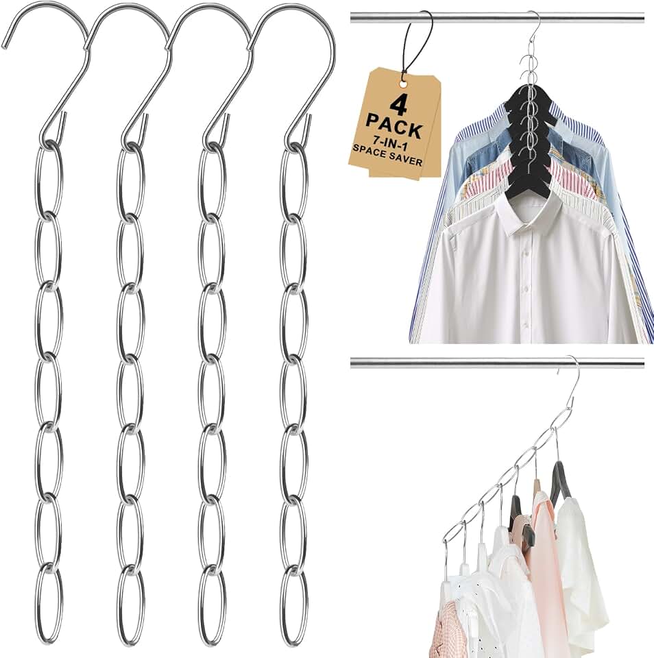 Space Saving Hangers, 4 Pack Metal 7-Loop Clothing Chain Hanger Organizer | Collapsible Closet Space Saver for Clothes, Small Closet Organizers and Storage for Dorm, Home, RV, Travel, Wrinkle Reducing