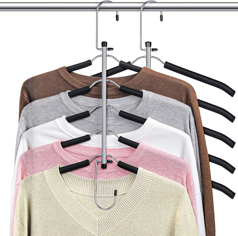 Space Saving Shirt Hanger 5 in 1 Non Slip Coat Hanger Black 2 Pack | Multi Shirt Hanger, Stainless Steel, Eva Foam Padded, 2 Ways to Hang, Easy Access, Wrinkle Free, Closet Space Saver