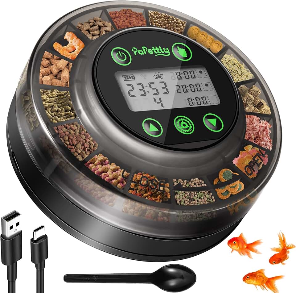 Papettly Automatic Fish Feeder for Aquarium - Auto Fish Food Dispenser for Fish Turtle Tank with USB Cable &amp; LCD Display, Timer Fish Feeder for Vacation Weekend Holiday, with Fish Feeder Spoon