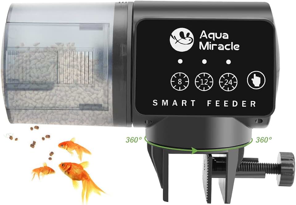 AquaMiracle Automatic Fish Feeder for Aquarium, Auto Fish Food Dispenser with Timer, Volume Adjustable Vacation Aquarium Feeder, for Granules Pallets Strips Global Recycled Standard