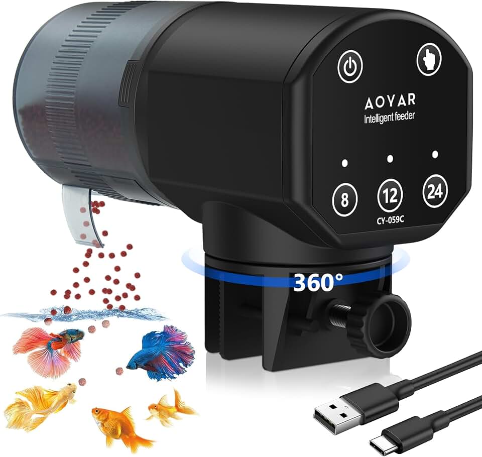 Automatic Fish Feeder for Aquarium: Rechargeable Fish Feeder Dispenser,Moisture-Proof &amp; 200ML Large Capacity Betta Turtle Vacation Feeder,Auto Fish Food Dispenser Timer for Weekends/Business