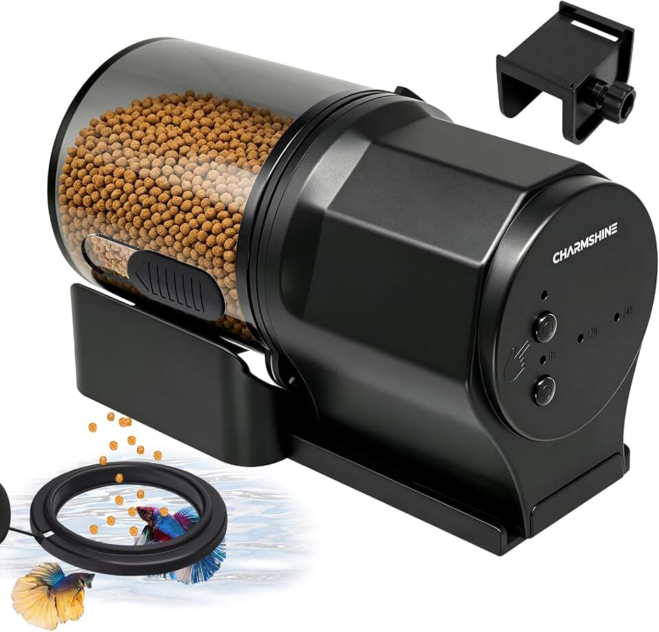 Automatic Fish Feeder for Aquarium One-Touch Easy Setup with 8/12/24 Timers | 2 Fixed Bases,200ML Fish Food Vacation Feeder for Betta Turtle Tank Battery Operated(Not Included)
