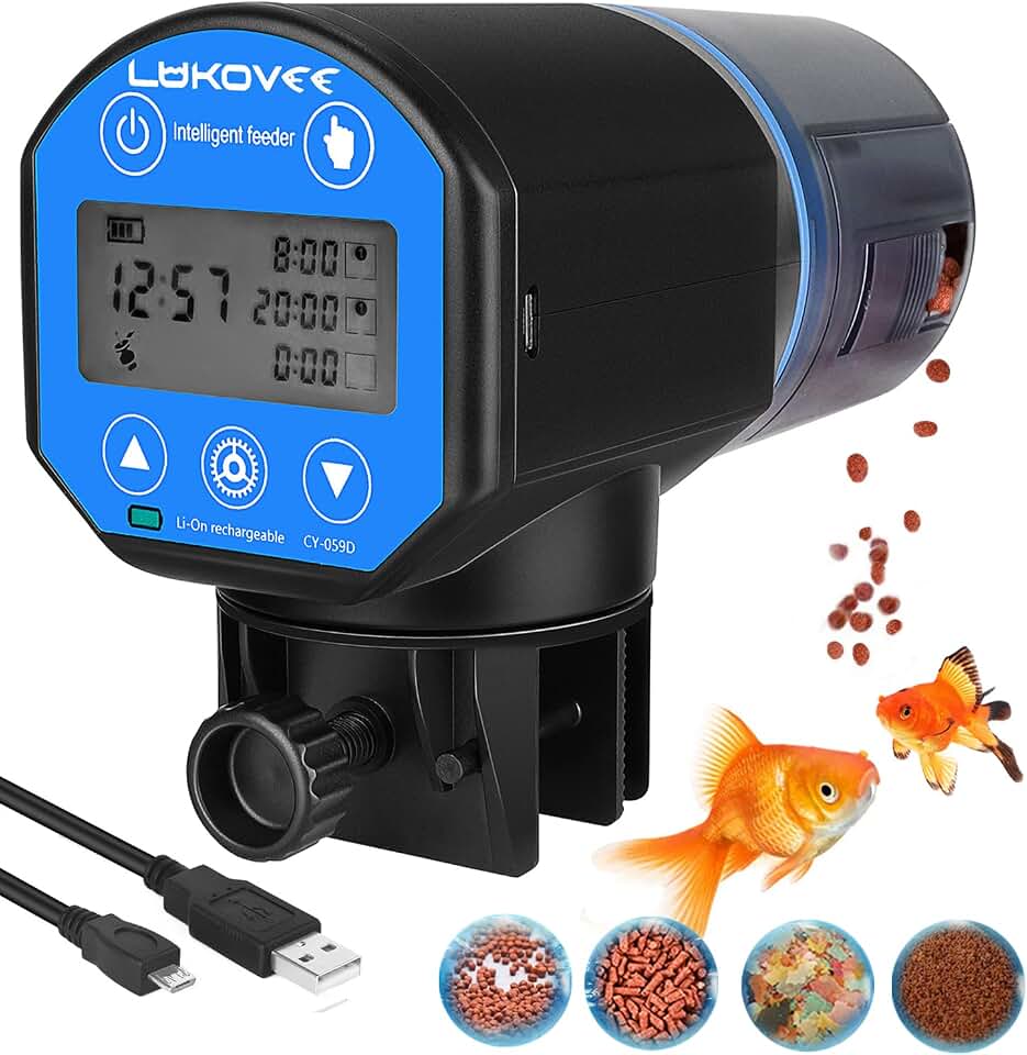 Lukovee Automatic Fish Feeder, USB Rechargeable Timer, 200ML Large Capacity | Feeding Time Display, Moisture-Proof, Aquarium Fish Tank Food Dispenser for Vacation Weekend Holiday ,Blue