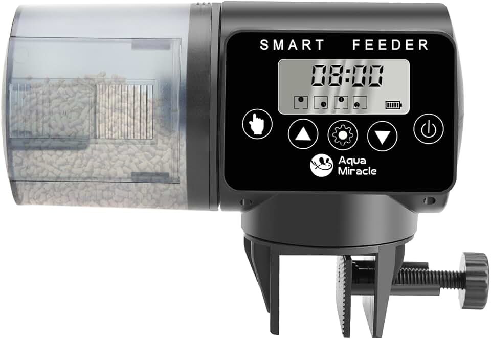 AquaMiracle Programmable Automatic Fish Feeder for Aquarium, Auto Fish Food Dispenser with Timer, Volume Adjustable Vacation Aquarium Feeder with Digital Display, for Granules Pallets Strips Global Recycled Standard