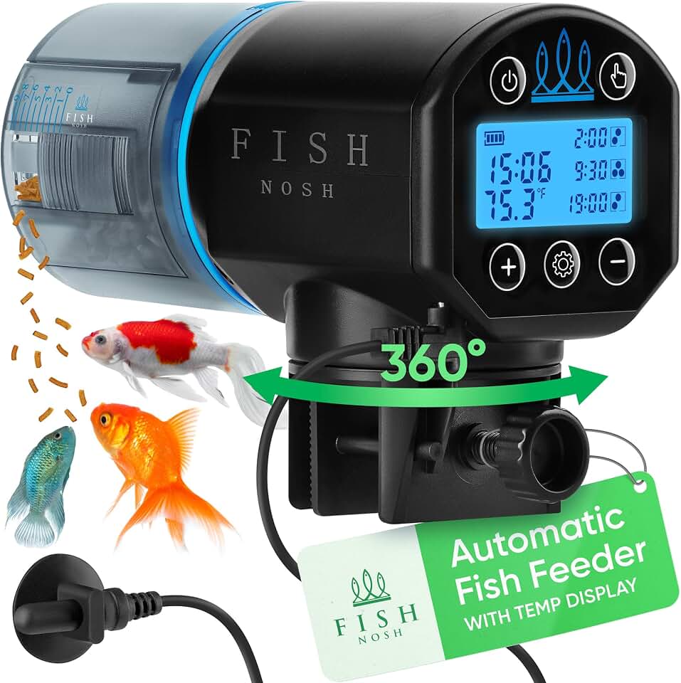 FISHNOSH Automatic Fish Feeder for Aquarium with Digital Thermometer - 2026 Auto Fish Food Dispenser Programmable, Vacation Feeder for Fish, Adjustable Portions, Auto Fish Feeder for Small &amp; Big Tanks