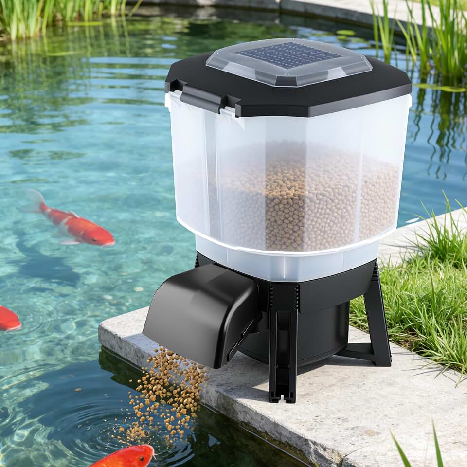 Solar Automatic Fish Feeder for Pond, Big Tank Auto Outdoor Koi Fish Feeder | Large Capacity 23L, Programmable Auto Timer, Battery &amp; AC Electric Power