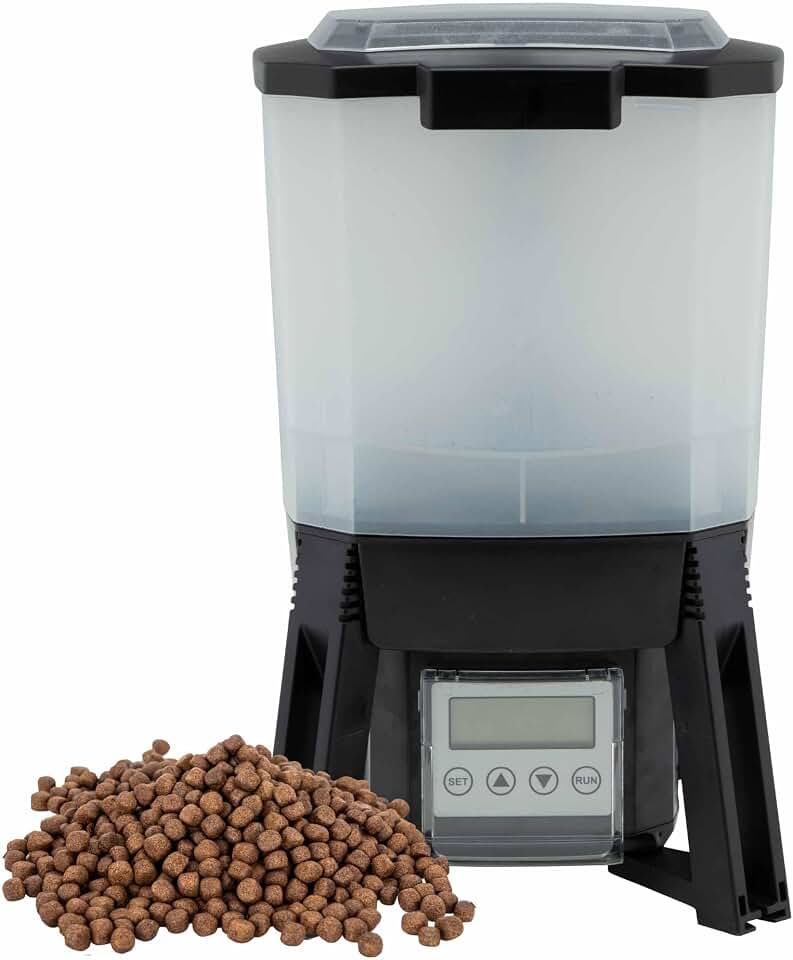 The Pond Guy KoiGrower Automatic Pond Fish Food Dispenser, 5 Gallon | Uses Solar, Battery &amp; AC Electric Power with Auto Timed Koi Pellet Feeder operation