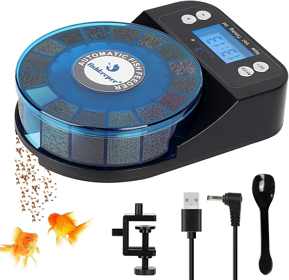 fishkeeper Automatic Fish Feeder for Aquarium, Rechargeable Auto Dispenser | Precision Fish Feeder Auto Dispenser for Betta Fish &amp; Turtle, Moisture Proof, Vacation Self Feeding, Memory Function