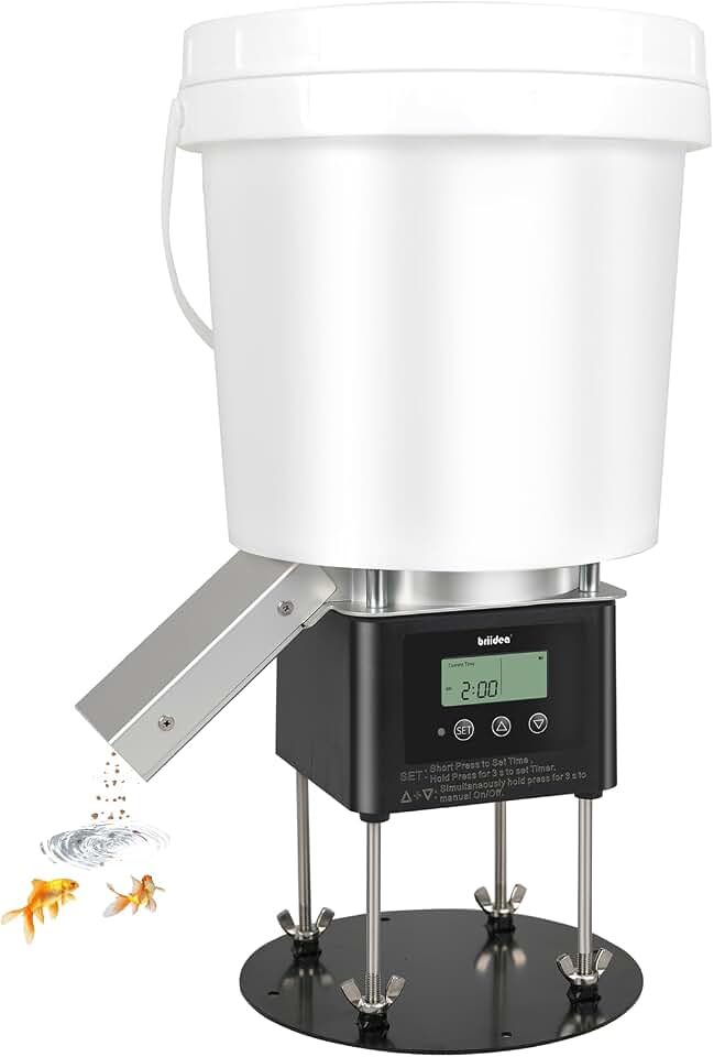 Automatic Fish Feeder for Pond, Briidea Outdoor Pond Feeder with 4L Capacity, Timed Feeding, Anti Clog System, Wildlife - Proof Design &amp; Waterproof Housing