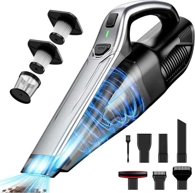 Car Vacuum Handheld Vacuum Cordless: 6-in-1 Portable Mini Vacuum Cleaner | Portable Rechargeable Vacuum with LED Light &amp; Reusable Filter, Hand Held Vacuum for Car, Home, Office, and Keyboard Cleaning