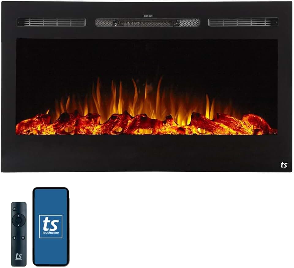 Touchstone Smart Electric Fireplace-The Sideline 36" Wide-in Wall Recessed - 30 Realistic Ember Color/Flame Options - 1,500W Heater w/Thermostat - Log &amp; Crystal Hearth Options - Alexa/WiFi Enabled