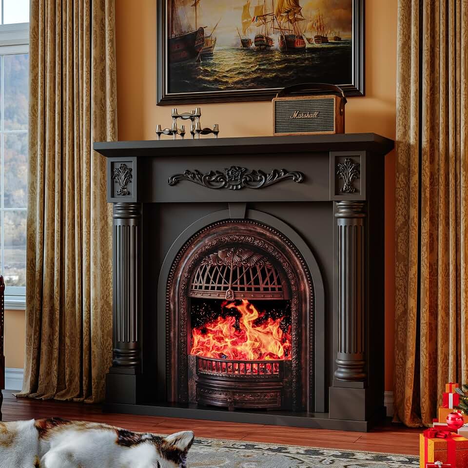 45" Electric Fireplace with Mantel, Fireplace TV Stand with Roman Columns | Solid Wood Construction, 30” Bronze Arched Birdcage-Style Fireplace Insert, for Living Room, Black Finish