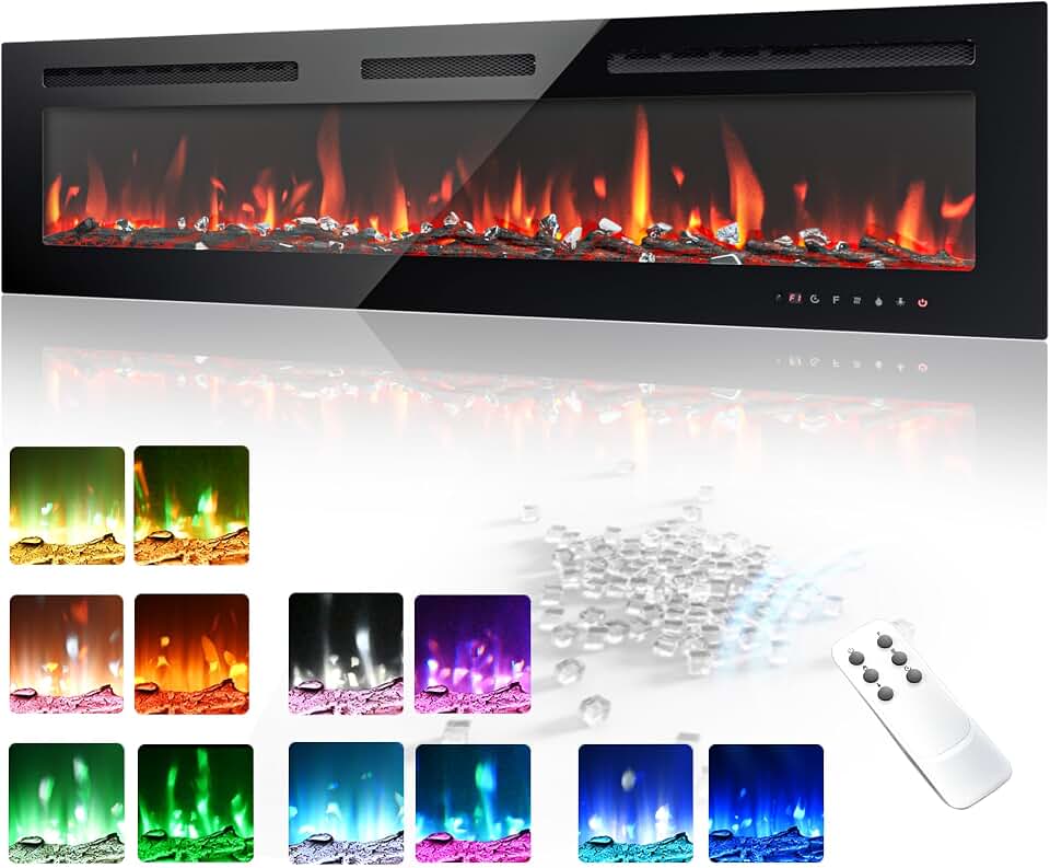 EUHOMY 60 Inch Electric Fireplace Recessed and Wall Mounted | Adjustable Flame Color, Remote Control, Timer, Touch Screen, Log and Crystal, 750W/1500W Fireplace Heater Global Recycled Standard