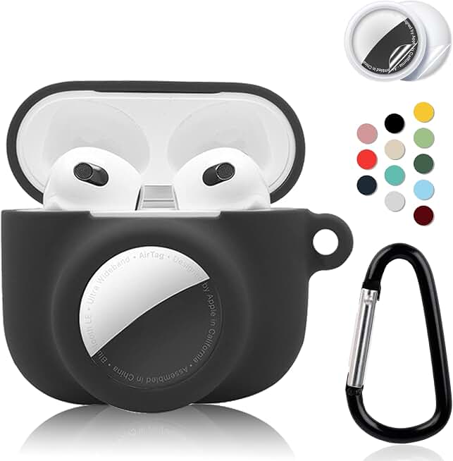 2 in 1 Protective Case Combo Set Compatible for Apple AirPods 3(2021) AirTag, GPS Tracker Holder with 2 PCS TPU Screen Protector&amp;Keychain, Soft Silicone Anti-Lost Anti-Scratch Skin Cover(Black)