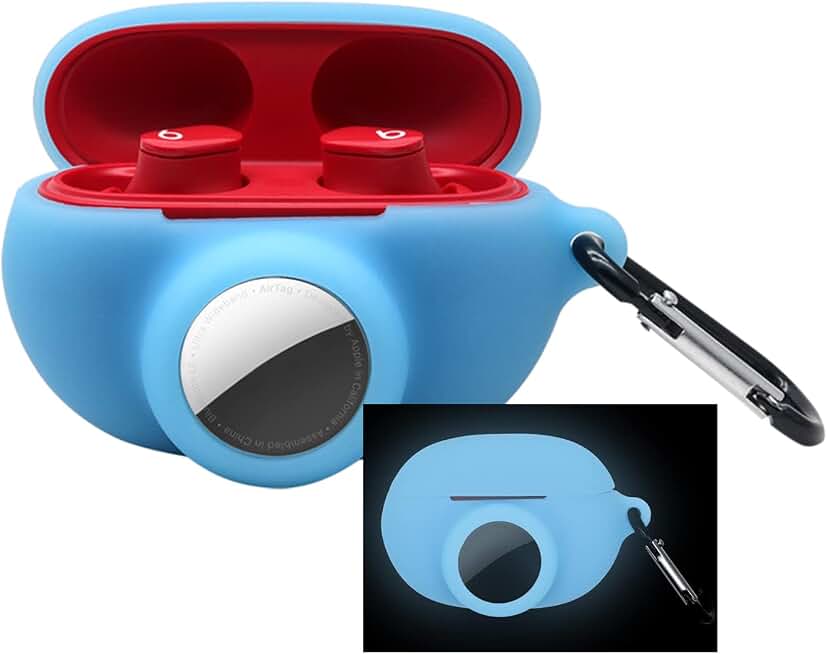 Glow Case for Beats Studio Buds AirTag Case, Tracker Case Glow in The Dark,Anti-Lost Shockproof Full Protective Cover with Keychain Glow Blue