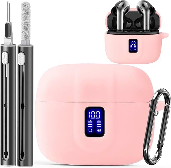 for TAGRY X08 Wireless Earbuds Silicone Protective Case, Pink | Full Shockproof Waterproof Cover, Visible LED Window, Anti-Lost One-Piece Lid, Dust Plug, Keychain, Earbuds Cleaning Pen Kit