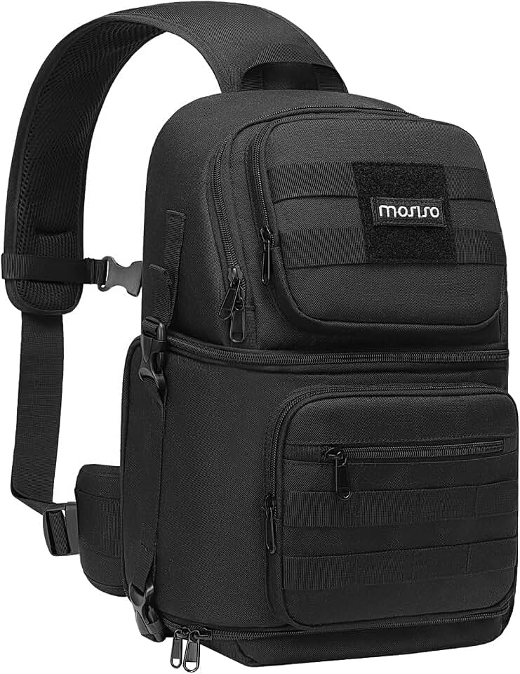 MOSISO Camera Sling Bag, Tactical Camera Crossbody Bag Case Photography | Camera Slingpack with Tripod Holder&amp;Removable Modular Inserts Compatible with Canon/Nikon/Sony/Fuji, Black Global Recycled Standard