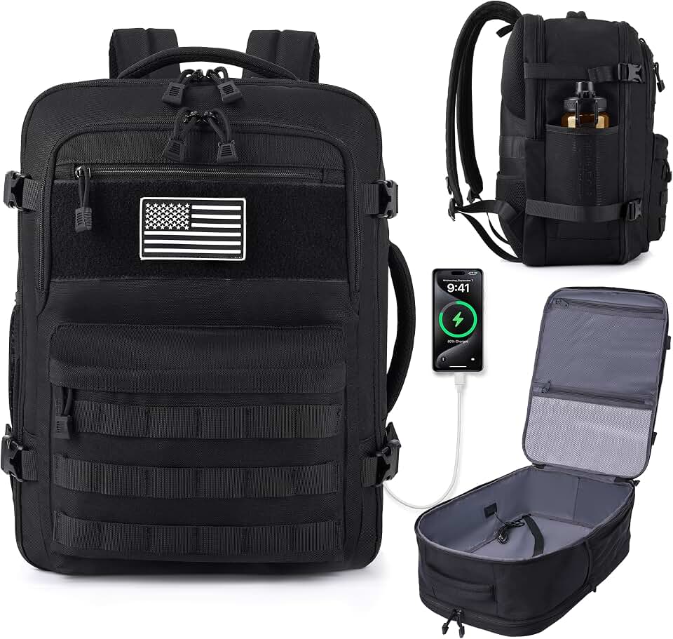 MOZETO TSA Approved Carry On Backpack, Extra Large Tactical Travel Backpack for Men, Airplane Approved Weekender Bag for Flight (Black)