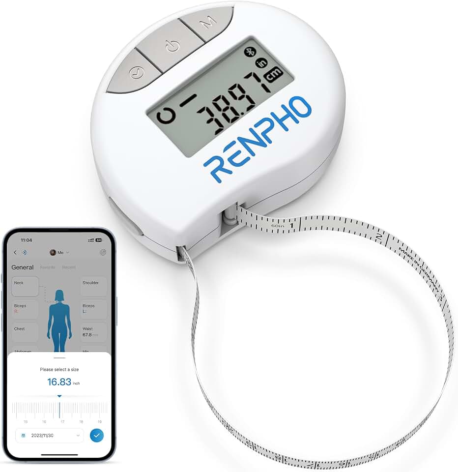 RENPHO Smart Body Measuring Tape, Bluetooth App, 60in, for Weight Loss | For Weight Loss &amp; Fitness, Tracks Waist, Hip, Bust, Arms, Retractable, Multi-Metric Tracking, Gym Accessories, Workout Gifts Global Recycled Standard