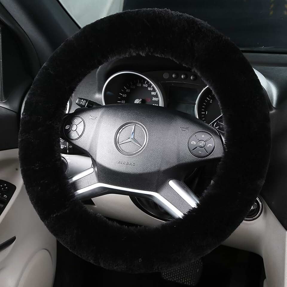 Black Fuzzy Sheepskin Car Steering Wheel Cover for Women | Soft Wool Girly | 14 1/2 inch-15 1/2inch Steering Wheel | Comfortable Grip Regardless of hot or cold | Luxurious Fluffy Girly Accessories