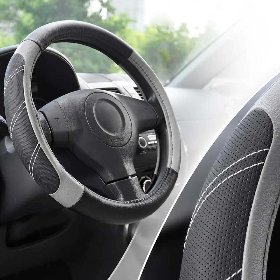 Elantrip Steering Wheel Cover for 14.5" to 15" Wheels, Soft Padded Grip with Anti-Slip Inner Lining, Breathable Comfort for Daily Driving, Easy Stretch Fit for Cars, SUVs and Trucks, Black/Gray