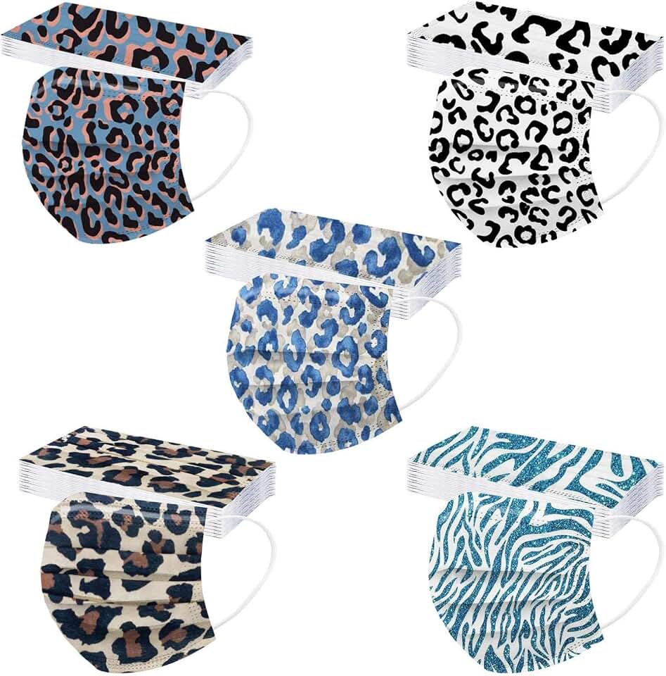 50 Pack Leopard Disposable Face Mask for Adults, Fashion 3-Ply Breathable Earloop Full Face Protection for Women &amp; Men