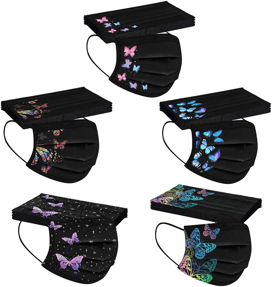 50Pcs Black Face Mask Adult Breathable Mask Butterfly Protective 3Ply Earloop Face Mask for Men Women