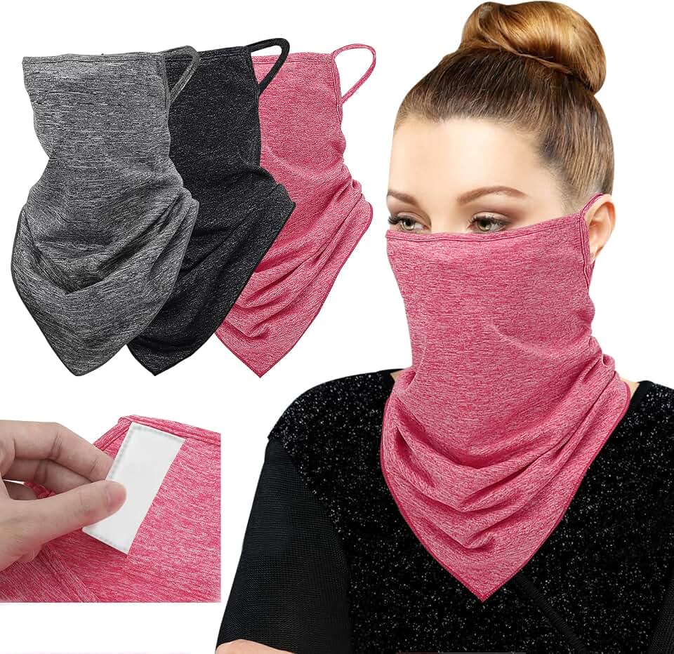 MoKo Scarf Mask Bandana with Ear Loops 3 Pack, Neck Gaiter Balaclava with Filter Pocket UV Protection Mask