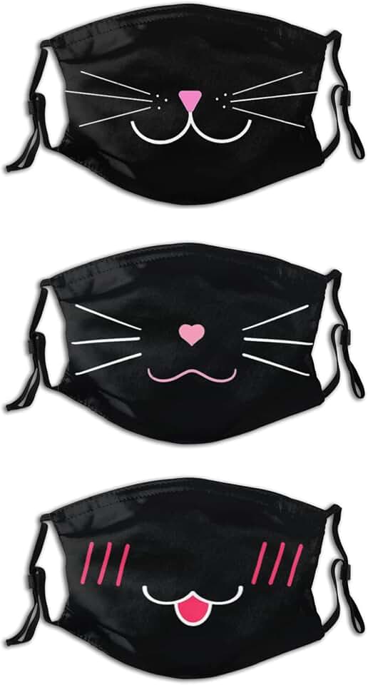 3 Pcs Cute Cat Face Mask Mouth Mask With 6 Filter Pocket Reusable Washable Adjustable Mask For Adults