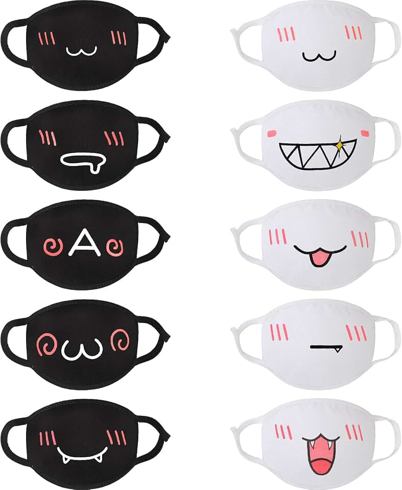 Zhanmai 10 Pcs Kawaii Anime Face Masks Reusable Washable, Cute Style | Black White Washable Masks, Uwu Emoticon Prints for Cosplay Daily Wear, Breathable Fabric for Femboy Anime Fans