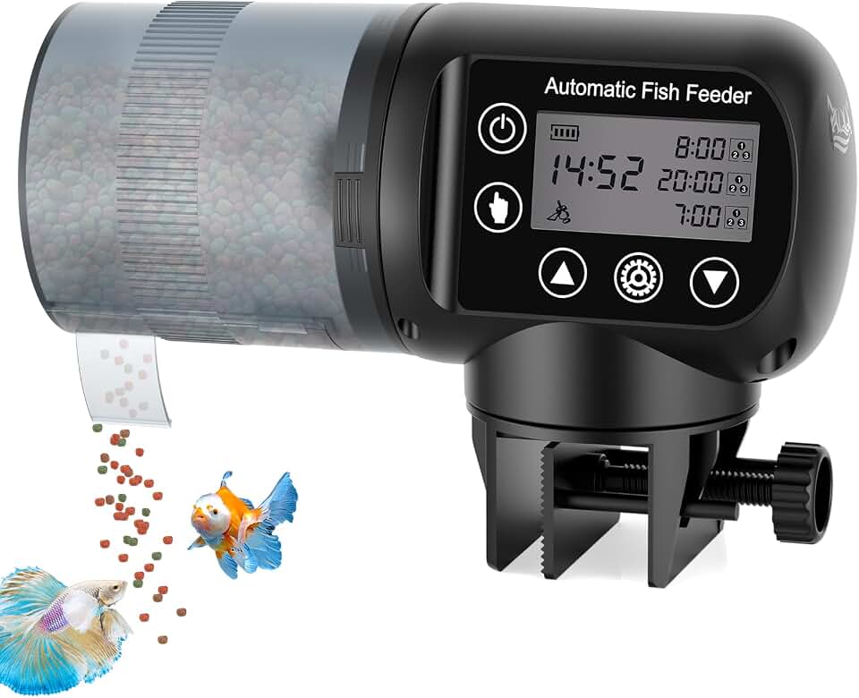 AQQA Automatic Fish Feeder for Aquarium, Moisture-Proof LCD Timer Dispenser | 200ML Large Capacity Fish Food Dispenser, Auto Feeder for Vacation, Betta Turtle Koi Goldfish Small Tank
