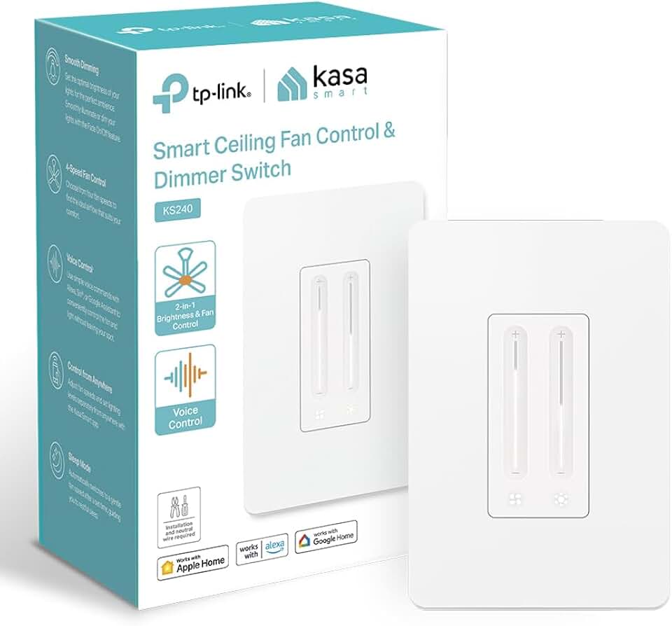 Kasa Smart Ceiling Fan Control &amp; Dimmer Switch, KS240, Single Pole | Adjustable 4-Speed Fan &amp; Brightness Control, Works w/Apple HomeKit, Alexa &amp; Google Home, 2.4GHz Wi-Fi Only, Need Neutral Wire