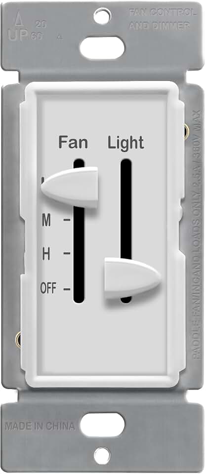 ENERLITES 3 Speed Ceiling Fan Control and LED Dimmer Light Switch, 2.5A Single Pole Light Fan Switch, 300W Incandescent Load, No Neutral Wire Required, 17001-F3-W, White