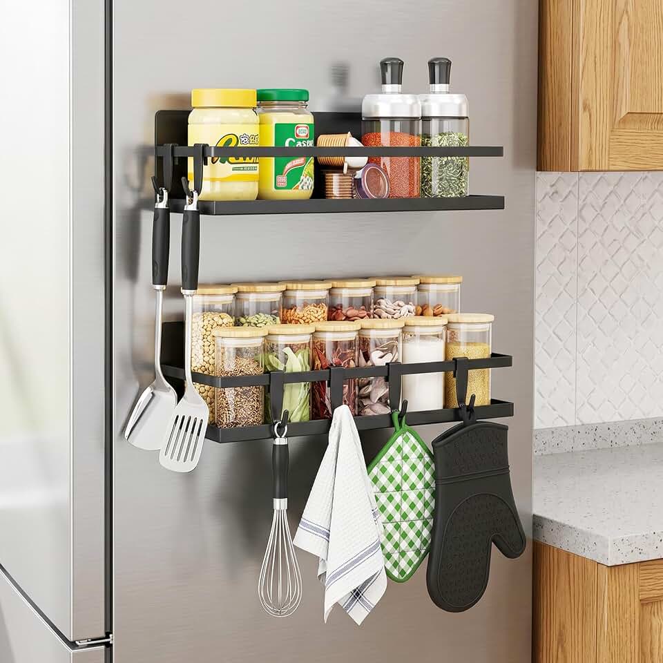 OTraki Magnetic Spice Rack for Refrigerator 2 Pack Magnet Fridge Shelf | Metal Shelf for Fridge Magnet with Moveable 6 Hooks, Magnetic Refrigerator Shelves for Kitchen Organization and Storage