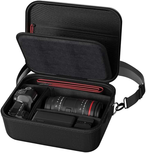 ProCase Hard Shell Digital Camera Case for Canon Rebel T7 -Black | Soft Padded Bag with 1 Shoulder Strap and 3 Adjustable Dividers for Digital Camera EOS R100/R50/DSLR/SLR/Nikon/Sony