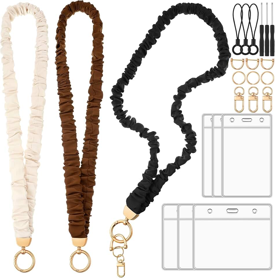 Scrunchie Lanyards for ID Badges, Stretchy Lanyard for Women - Teacher Nurse Neck Lanyard with Card Holder for Office, School, Hospital &amp; Cruise, Neutral Colors