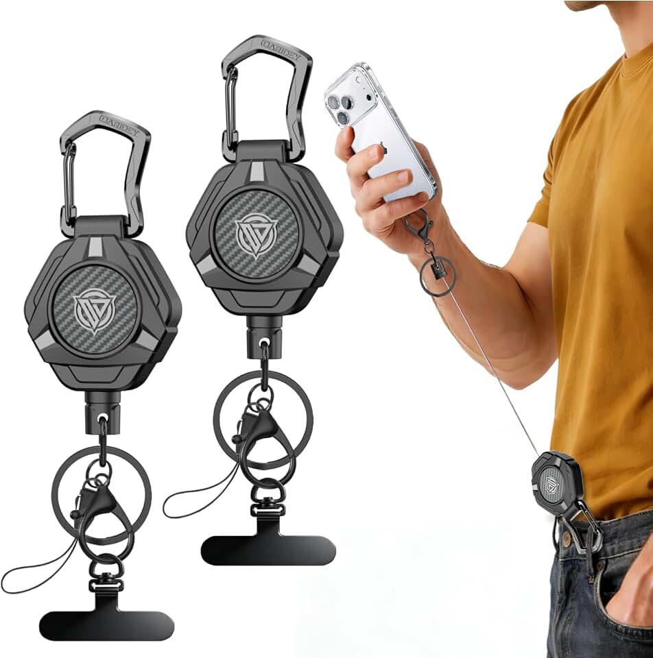Oaridey Magnetic Anti Theft Phone Strap, Retractable Steel Cell Phone Lanyard with Heavy Duty Carabiner and 360° Metal Phone Tether Tab For Skiing, Hiking, Fishing, Concert and Traveling, 2 Packs