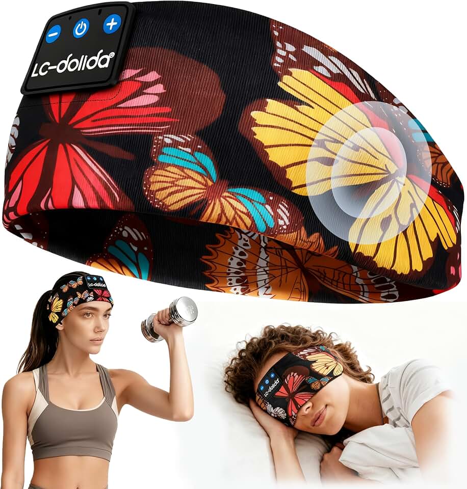 LC-dolida Sleep Headphones Headband Bluetooth 5.4, Sports Headband Earphones Wireless with Speaker Microphone USB C for Women Sleeping Gift Workout Jogging Yoga Insomnia Travel Meditation, Butterfly Global Recycled Standard
