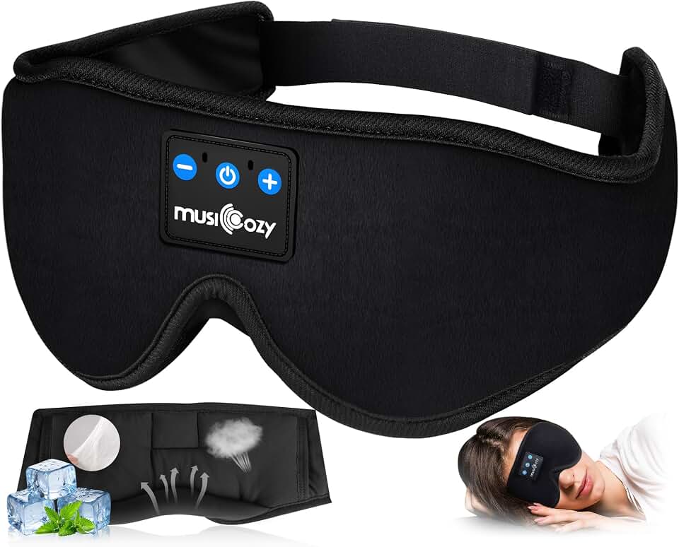 MUSICOZY Bluetooth 5.4 Sleep Headphones Sleeping Eye Mask Earbuds Headband | HD Stereo Sound, Wireless Headphones with Soft Lining Blackout Washable Design for Side Sleepers Travel Meditation Relaxation Global Recycled Standard