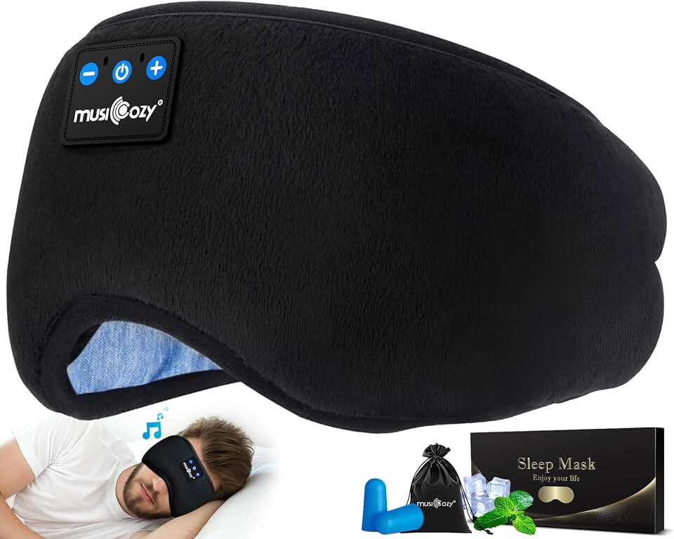 MUSICOZY Sleep Headphones Bluetooth 5.4 Sleep Eye Mask with HD Speakers | Soft Cotton Fabric, Flat Design, 14 Hours Playtime, Washable Headband Style for Side Sleepers, Travel Meditation Relaxation Global Recycled Standard