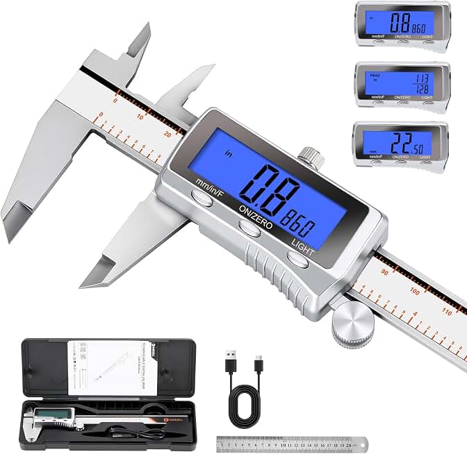 HARDELL Digital Caliper 6 Inch, Rechargeable All Metal W/Backlight Screen | USB-C Calipers, 4 Measurement Mode, 0.001" Accuracy, Inch/mm/Fraction, Auto-Off, for DIY, 3D Printing, Woodworking, Household