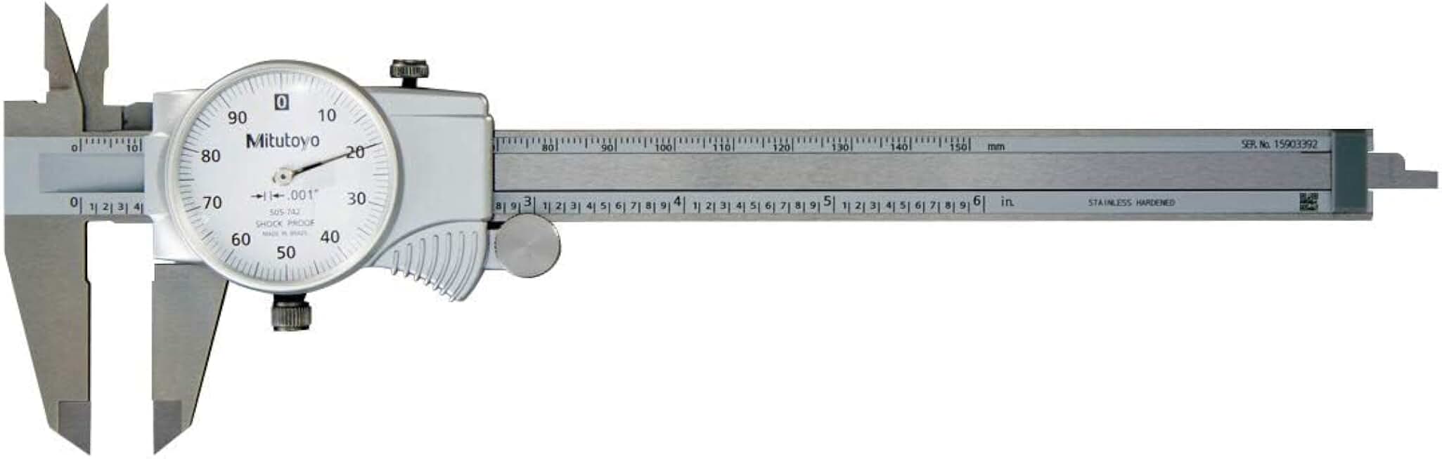 Mitutoyo 505-742J Dial Caliper, 0.1" per Rev, 0-6" Range, 0.001" Accuracy | Ultra-smooth sliding, shock protection, measures outside/inside dimensions and depths &amp; steps, 0.1" pitch per revolution