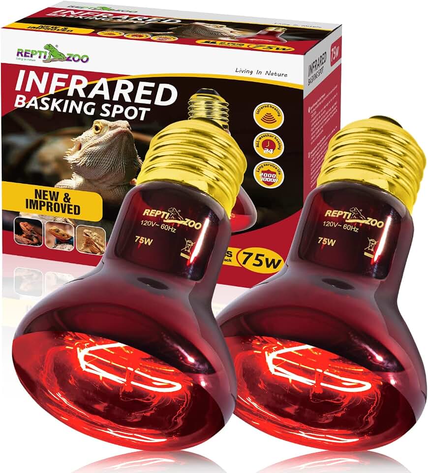REPTI ZOO 75W Reptile Heat Lamp Bulb 2PCS Infrared Heat Emitter Red Heat Lamp for Reptile Amphibian, Infrared Basking Spot Light Bulb